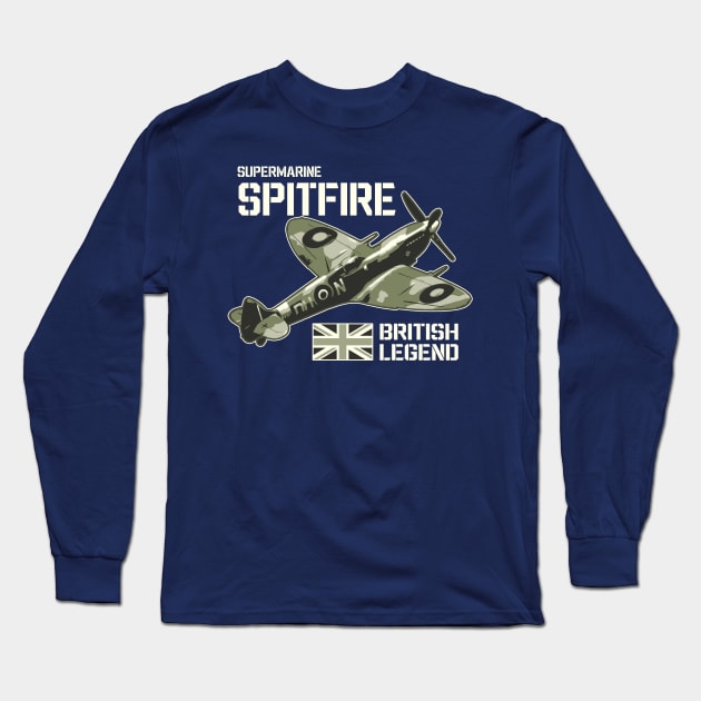 Spitfire Fighter Aircraft Airplane Aeroplane RAF Retro Plane UK British Legend Long Sleeve T-Shirt by BeesTeez